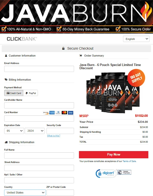 java burn checkout page